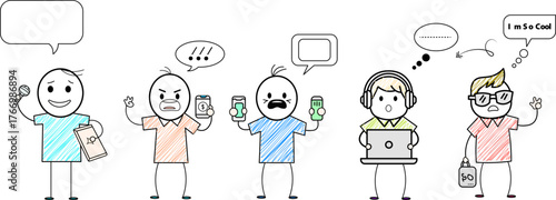 Funny Stickman Characters Using Smartphone, Laptop and Headphones — Hand Drawn Doodle People Expressing Emotions and Reactions in Modern Technology Lifestyle Vector Illustration