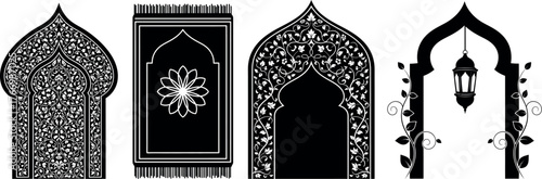Collection of intricately decorated islamic archways and prayer mats in a black and white illustration style