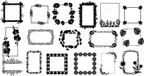 Collection of decorative hand drawn floral and leafy borders and frames for design projects