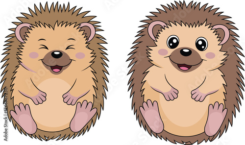 Cute cartoon hedgehogs, smiling animals, pink cheeks, playful pose, sitting position, woodland creatures, kids illustration, friendly design, character art