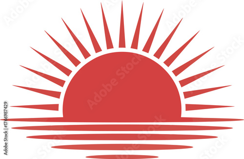 A stylized red sun rises above reflective horizontal lines.
