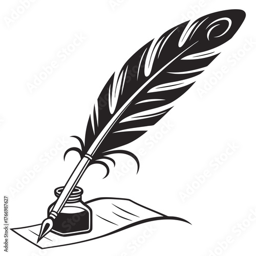 Quill pen with inkwell and paper on white background feather pen writing