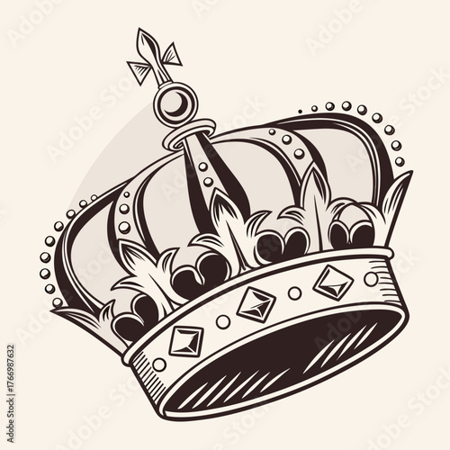 Vintage Crown Illustration with Ornate Details and Fleur-de-lis Motif Keywords: crown, vintage