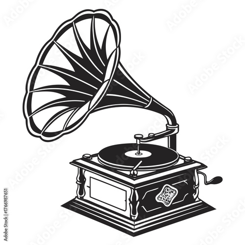 Vintage Gramophone with Ornate Details and Horn antique music