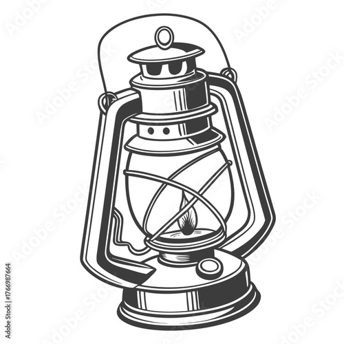 Vintage kerosene lantern with lit flame on white background oil lamp antique