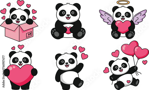 Cute panda love illustration, heart balloons, angel panda, hugging heart, Valentine theme, cartoon animals, affectionate poses, kids character design