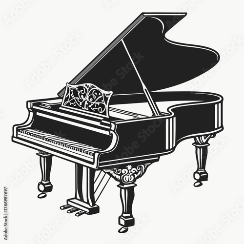 Black and White Grand Piano Illustration with Ornate Details musical instrument keyboard