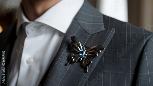 Man Wearing Gray Suit With Butterfly Brooch