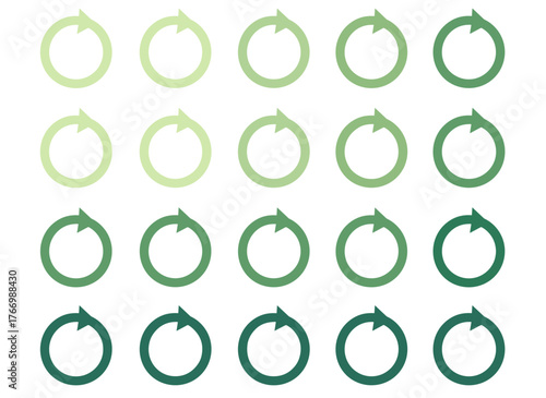 Eco-friendly recycling vector icons for reusable package labels, featuring a green arrow inside a green circle, a green circle arrow symbolizing reuse and bio-recycling, and a recyclable plastic-free