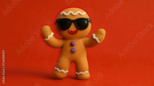 Christmas Gingerbread Man Wearing Sunglasses Dancing on a Red Background 