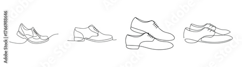 Detailed line drawing of four different classic brogues shoes side-by-side