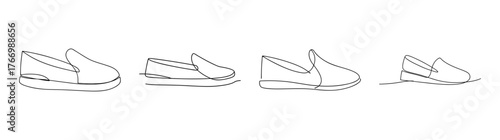 Four detailed line drawings of espadrille shoes showing different angles and details