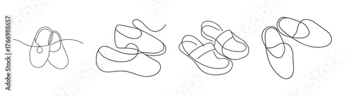 Four detailed line art sketches of a single clog shoe in various stages of construction
