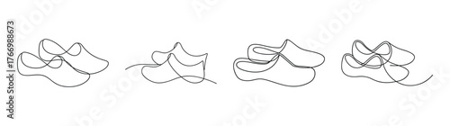 Detailed sketch of four rustic wooden clogs arranged artistically side by side