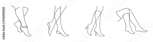 Four stylized line drawings showcasing elegant thigh high boot poses and angles