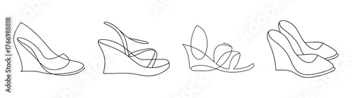 Four different views of elegant wedge heeled shoes fashionable footwear designs