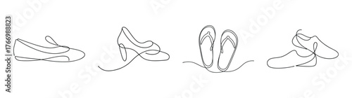 Detailed line art sketches showcase various sneaker designs and their components in a lineup.