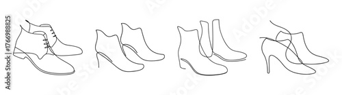 Collection of footwear designs featuring ankle boots and high-top sneakers in sketch style