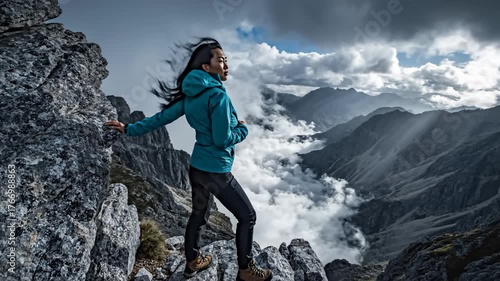 Woman Enjoying the Mountain View, Wind Blowing Her Hair on a Cloudy Day