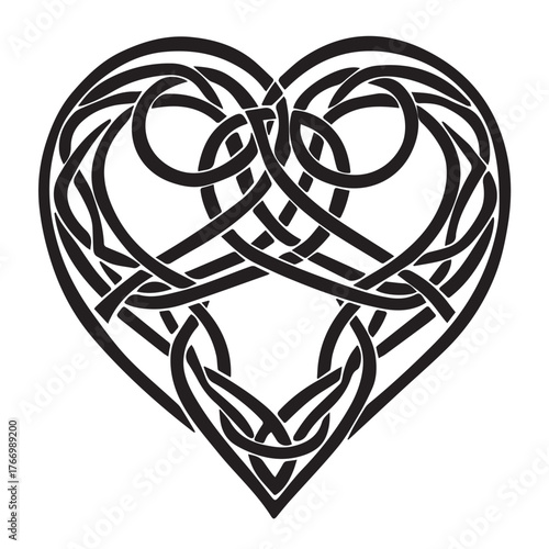 Intricate celtic knot heart symbol illustrating eternal love and interconnectedness in a stylized black design