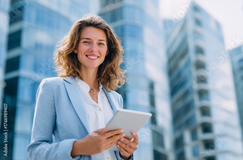 Professional woman with digital device in business district