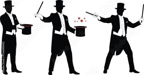 Magician performing magic trick with hat and wand, flat vector illustration showing illusion, stage performance, entertainment art and classic magic show concept