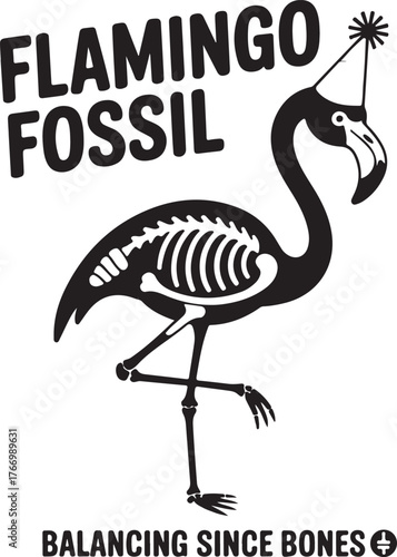 Black flamingo wearing party hat balancing on one leg bones bird