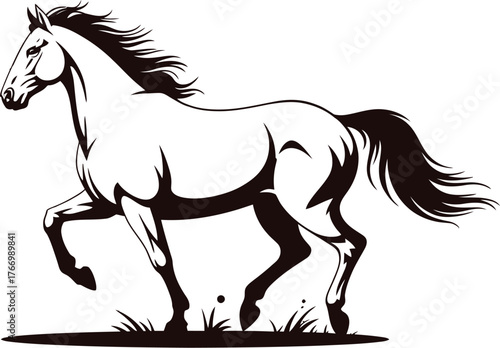 A stylized illustration of a horse in motion against a white background.