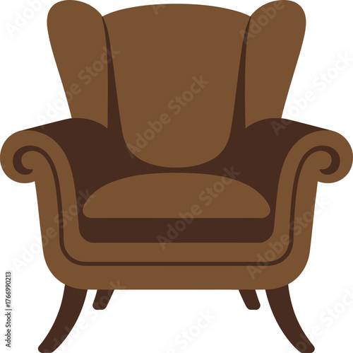 A comfortable brown wingback armchair sits empty in a room.