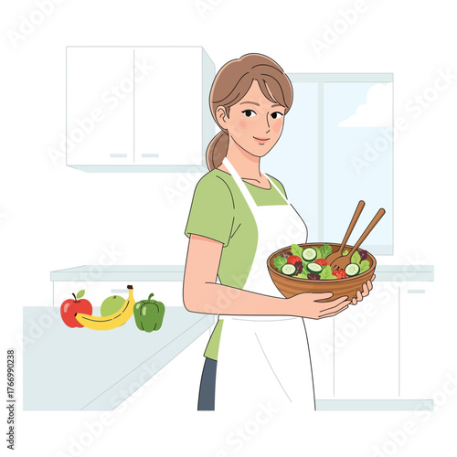 Young woman holding a bowl of fresh salad in the kitchen healthy eating concept vector illustration