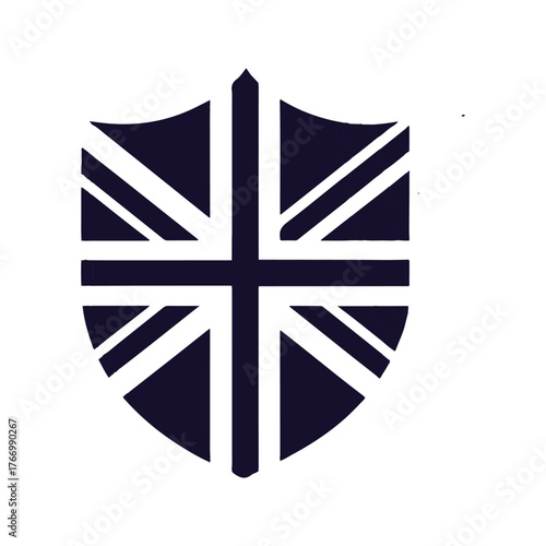 Stylized union jack flag incorporated into a shield shape representing british identity and national pride
