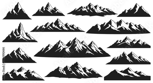 Set of mountain silhouettes vector illustration of rocky mountain peaks isolated on white background
