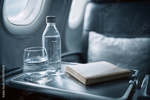 A tranquil airplane cabin scene with a water bottle, glass, and book on a tray table, perfect for a relaxing journey.