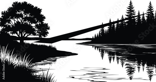 Black and white landscape, tree reflection, calm water scene, nature silhouette, forest edge, peaceful lake, minimal art, tranquil mood