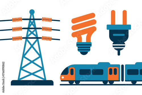 Vector art of energy and transportation icons in blue and orange