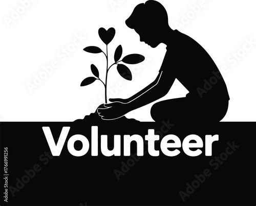 Silhouette of a person planting a tree with the word volunteer
