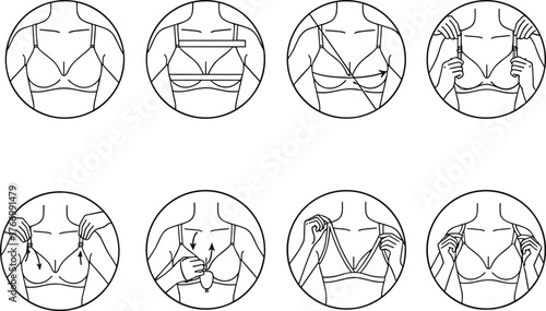Bra size measurement guide, step-by-step illustration, fitting process, cartoon torso views, lingerie fitting tips, black vector fashion icons
