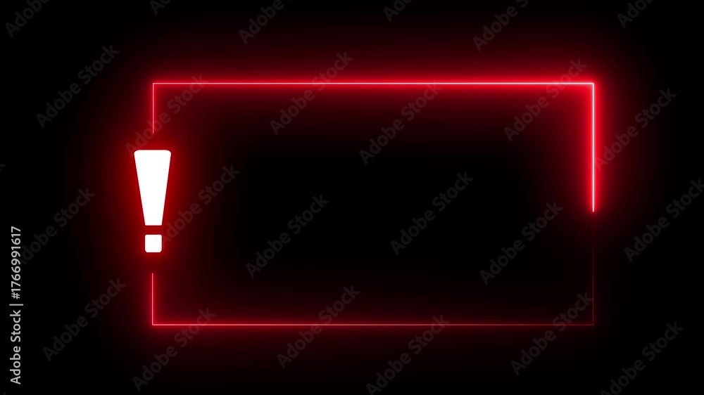 Red Neon Exclamation Mark and Rectangle Border on Black Background ...