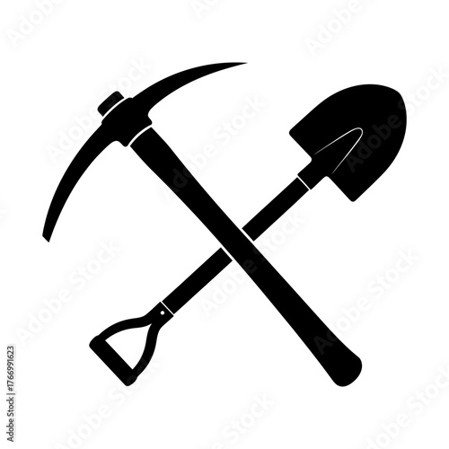 Crossed pickaxe and shovel silhouette for mining and construction projects vector