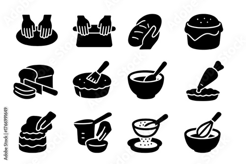 Baking Process Icons. Solid style icons of Baking process: kneading dough, rolling pastry, shaping bread, proofing dough, cutting