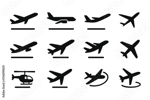 Aviation Action Icons. Solid style icons of Aviation actions: taking off, landing, cruising, gliding, taxiing, ascending,