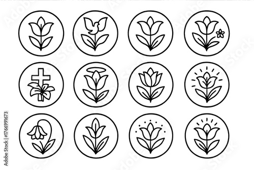 Symbolic Lily Icons. Line style icons of symbolic lilies in round shape: lily of purity, lily of peace, lily of elegance, lily of