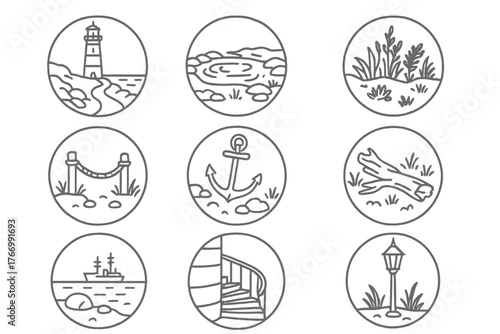 Lighthouse Surroundings Icons. Line style icons of lighthouse surroundings in round shape: rocky shore, narrow path, tide pool,