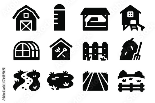 Farm Icons Collection. Solid style icons of Farm environment: barn, silo, stable, chicken coop, greenhouse, tool shed, fence,