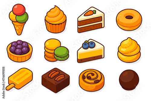Vivid Dessert Icons. Isometric vector illustration set dessert icons: triple scoop ice cream, swirl frosting cupcake, carrot cake