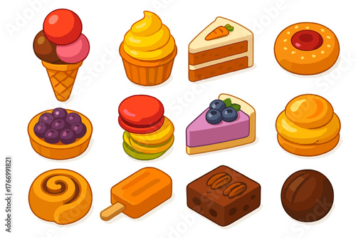 Vivid Dessert Icons. Isometric vector illustration set dessert icons: triple scoop ice cream, swirl frosting cupcake, carrot cake