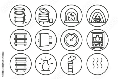 Kiln Icons Collection. Line style icons of kilns in round shape: electric kiln, gas kiln, open fire kiln, wood-fired kiln; loading