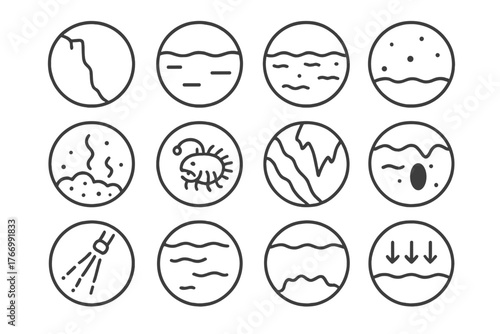 Abyssal Zone Icons. Line style icons of abyssal zone in round shape: trench wall, abyssal plain, dark water, distant glow; silt