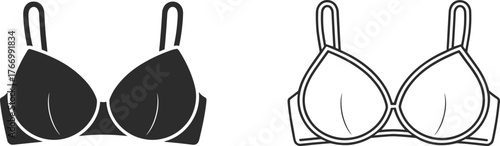 Bra style comparison, filled and outlined design, underwire lingerie sketch, fashion garment illustration, black vector icons, double strap detail