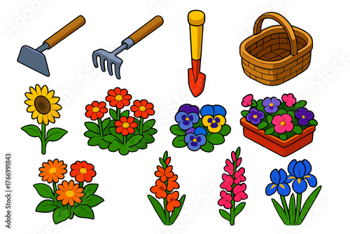 Vibrant Garden Tools. Isometric vector illustration set featuring tools and plants: garden hoe, hand rake, seed planter, harvest